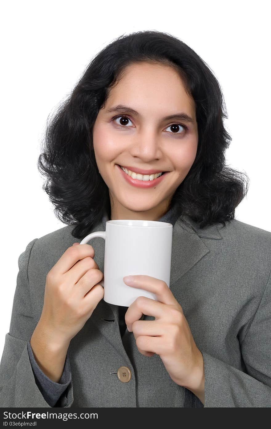 Mixed race caucasian asian business woman drink coffee. Isolated over white background. Mixed race caucasian asian business woman drink coffee. Isolated over white background