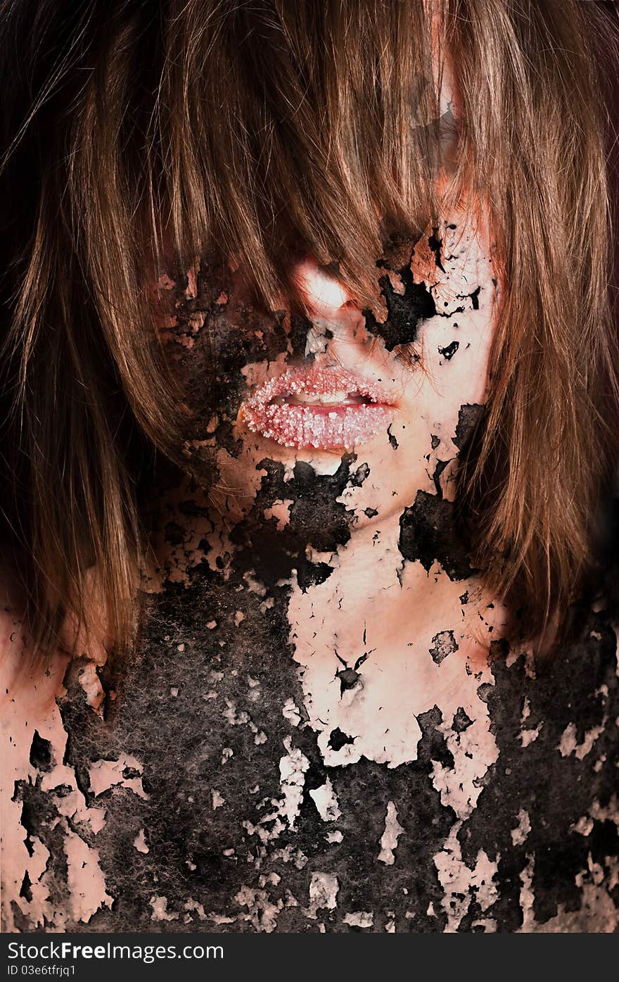 Dark art portrait of a girl with cracks and old paint. Dark art portrait of a girl with cracks and old paint