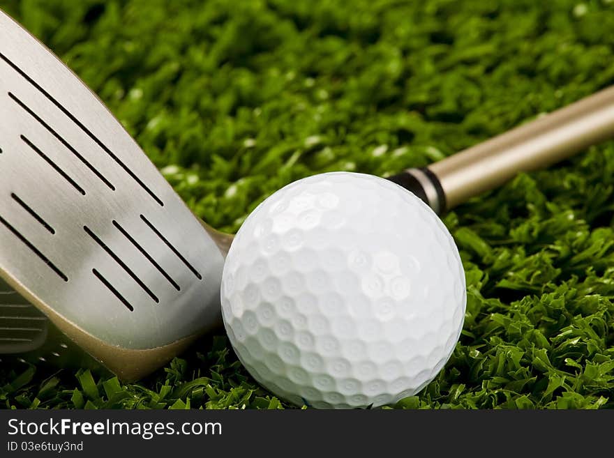 Golf ball close up with golf club (driver). Golf ball close up with golf club (driver)