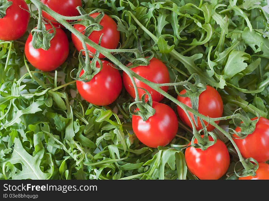 Rucola salad and cherry tomato.