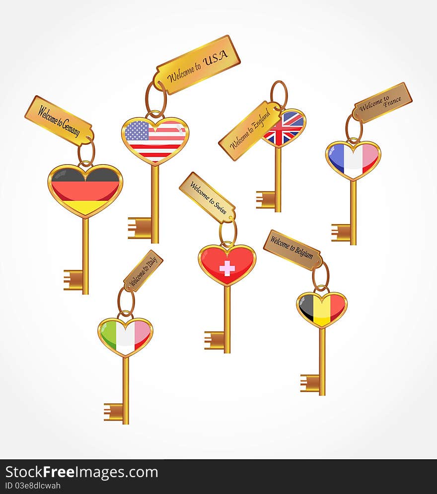 Set of golden keys with flags of several countires. Set of golden keys with flags of several countires