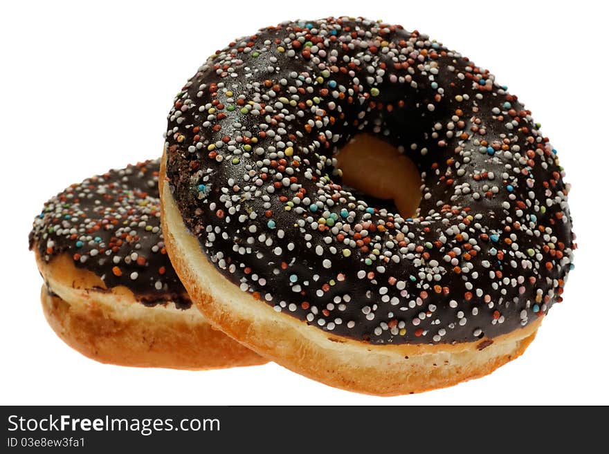 Two Chocolate Donuts with Sprinkles. Isolated on a White Background