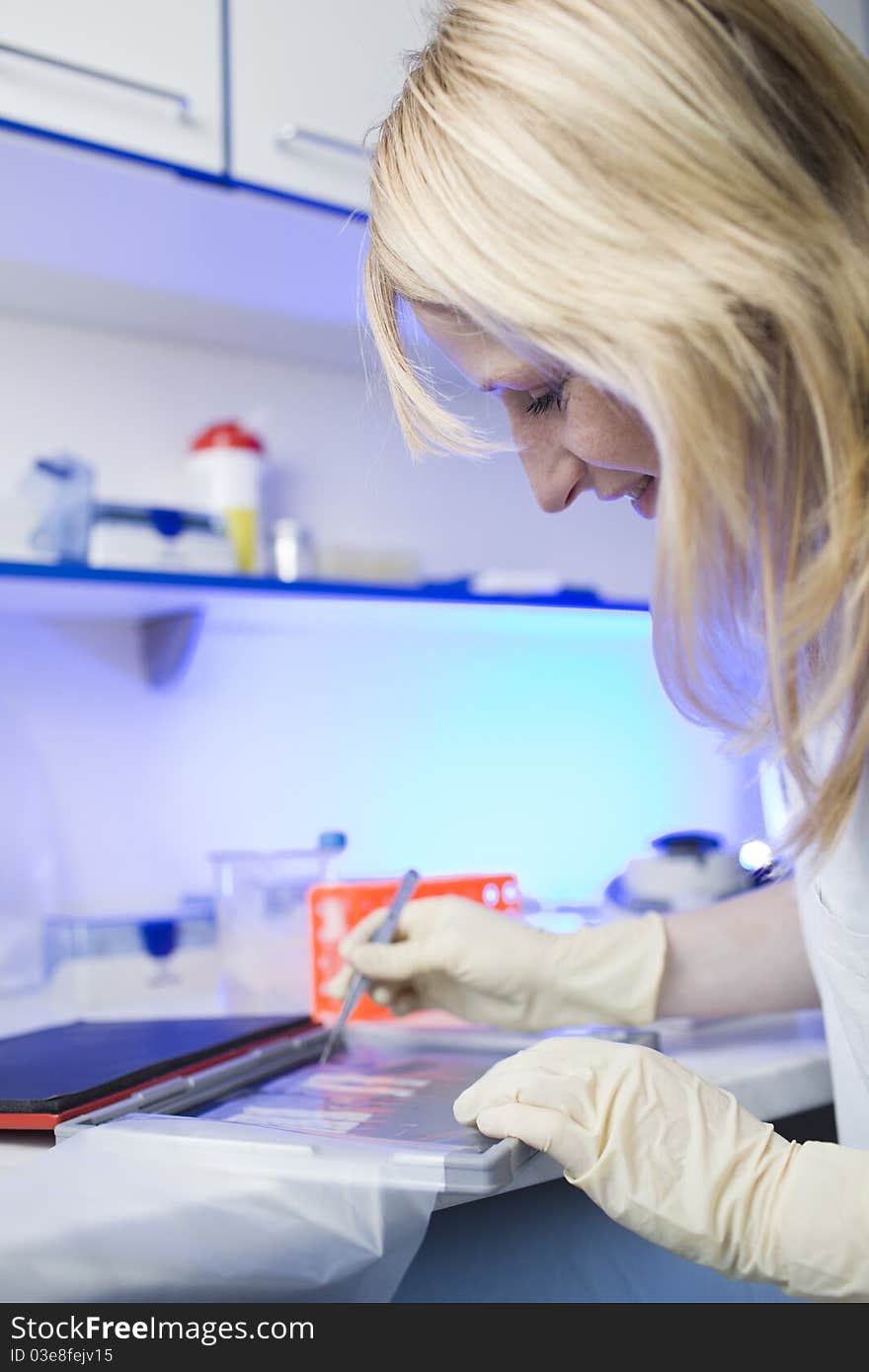 Portrait of a female researcher doing research in a lab (color toned image; shallow DOF)