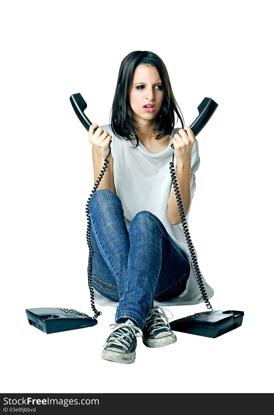 Girl with two phones on white background