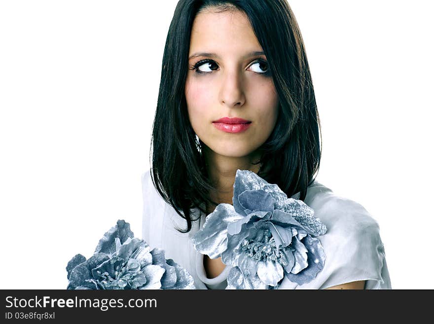 Portrait of beautiful young woman on white background