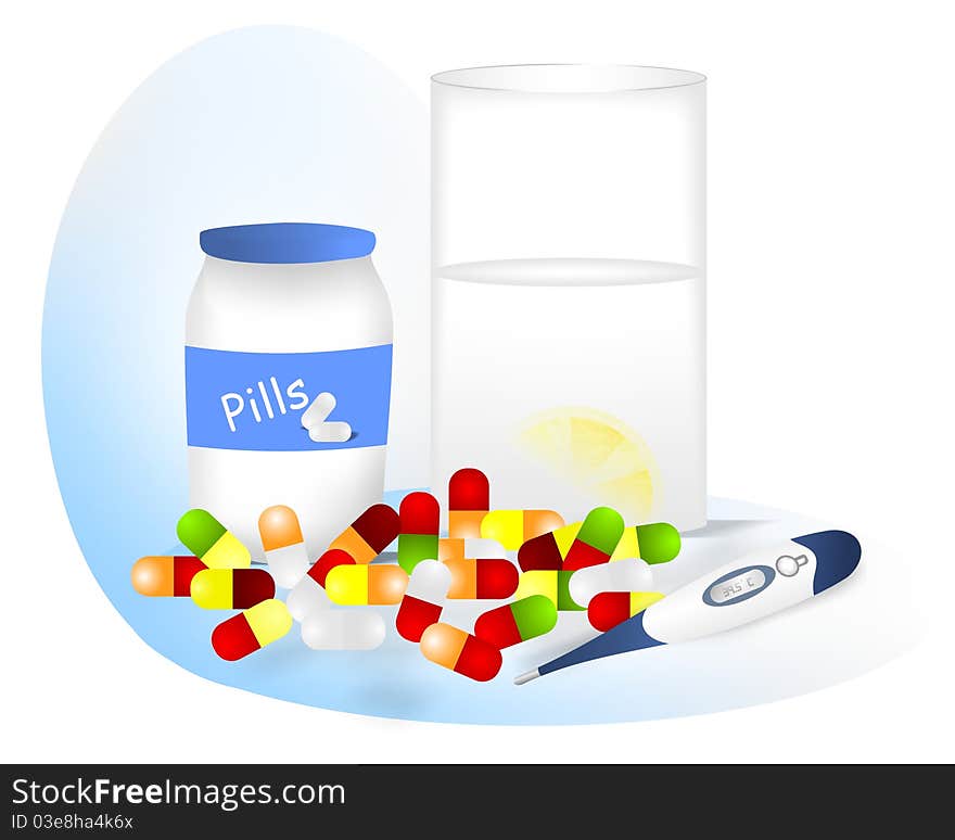 Pills, glass with water and lemon, thermometer showing high fever, bottle, vector format. Pills, glass with water and lemon, thermometer showing high fever, bottle, vector format