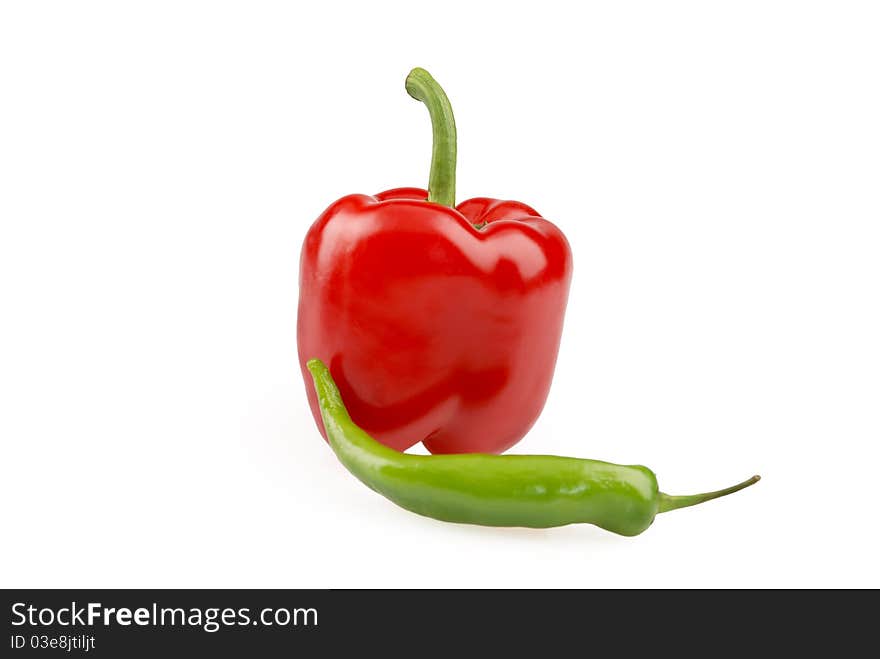 Green and  red  paprika isolated on white background