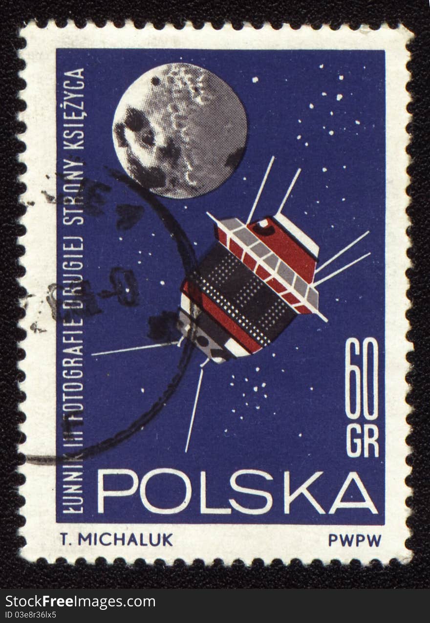 Postage stamp from Poland with spaceship Luna-3