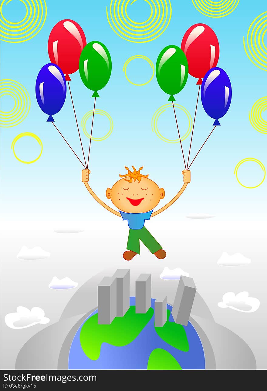 Colorful vector illustration of happy boy enjoying the balloon flight around the world