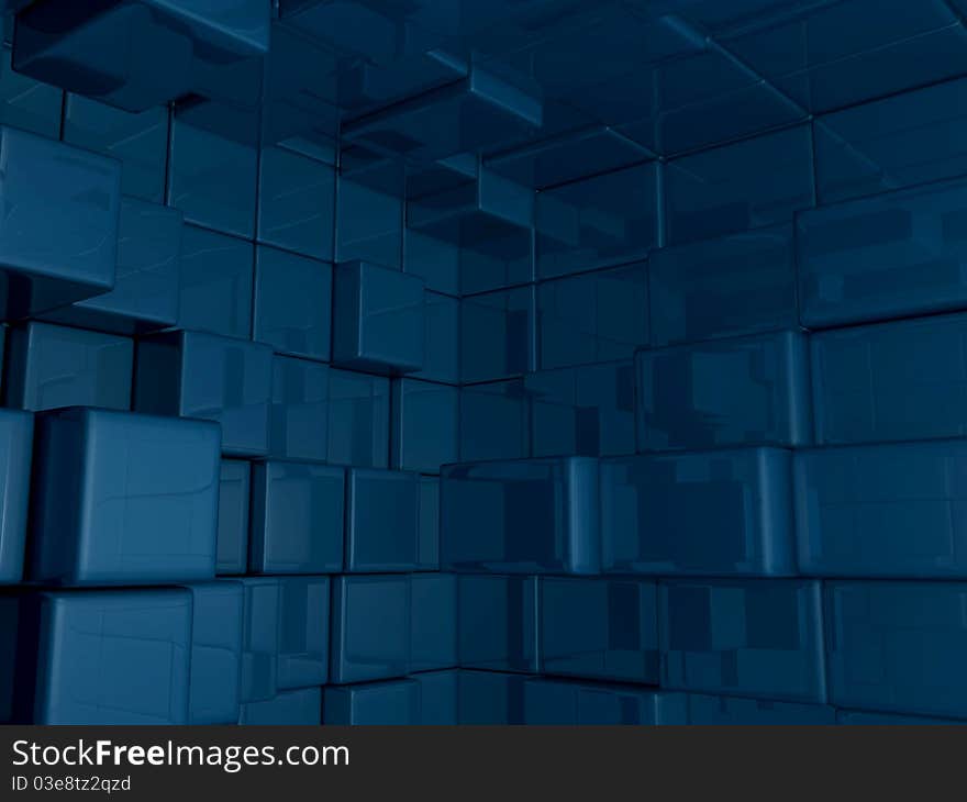 3D rendered cube room background in mid-blue, with real world reflections and highlights. 3D rendered cube room background in mid-blue, with real world reflections and highlights