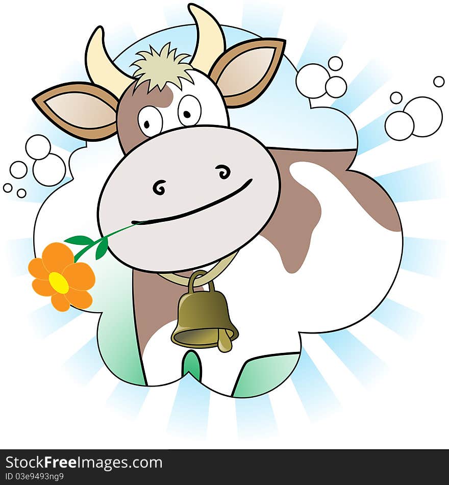 Cow with an orange flower in radiant white and blue background