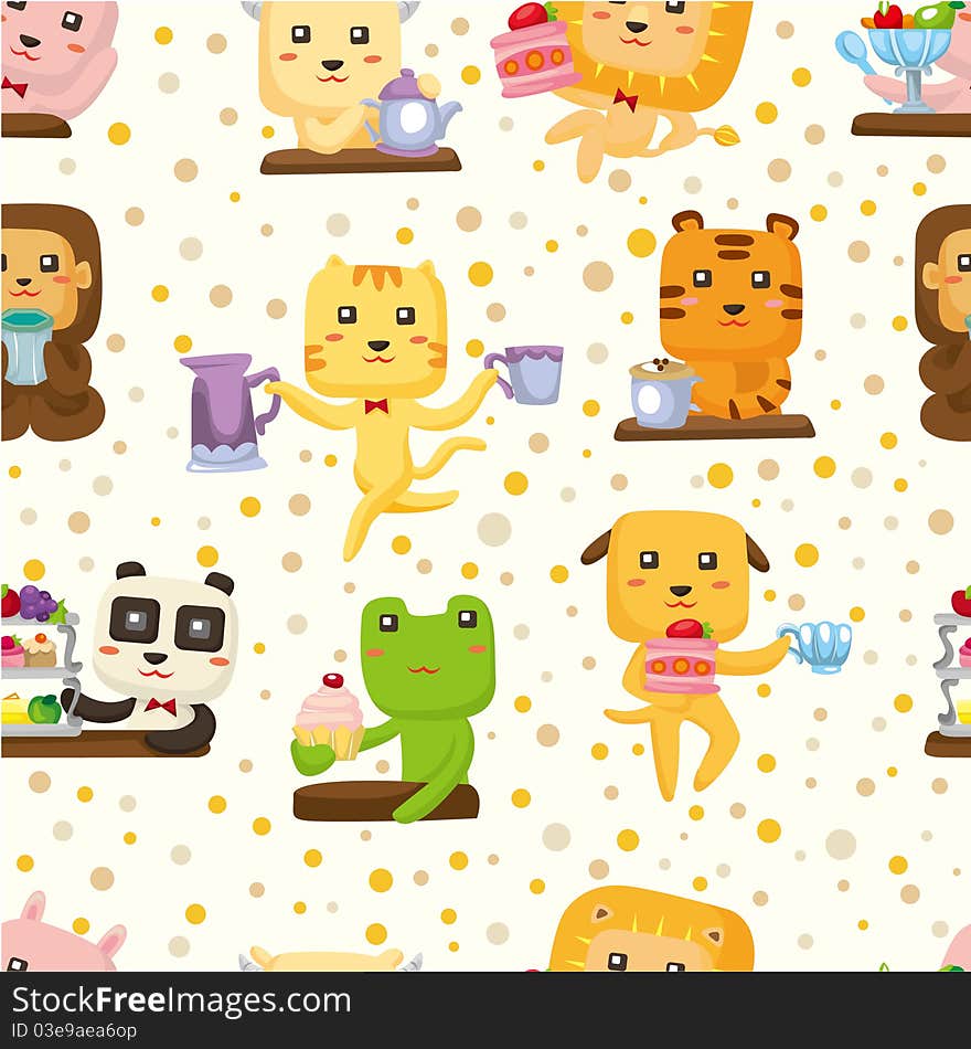 Seamless animal tea time pattern, drawing