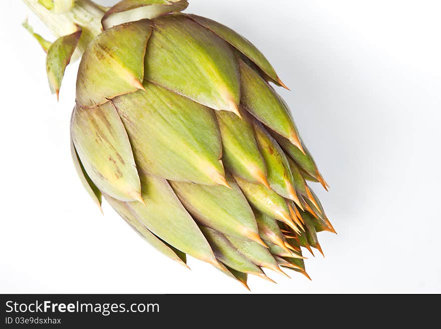 A green & yellow spiky artichoke against a white background