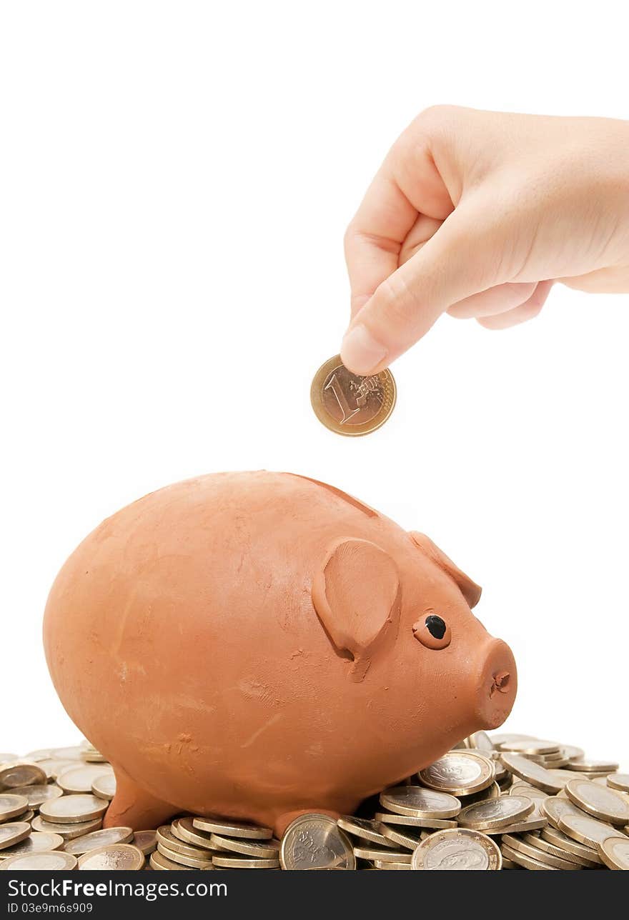 Piggy bank and coins on white background. Piggy bank and coins on white background