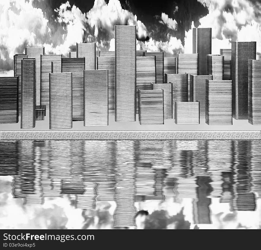 Black and white mock city built with staples. Black and white mock city built with staples