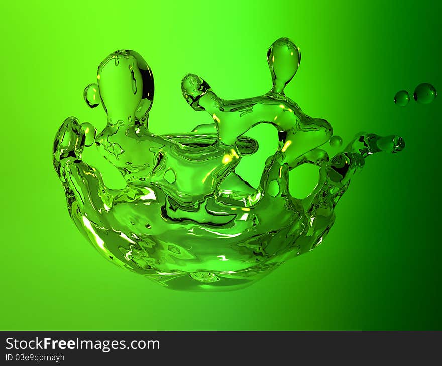 High resolution 3D illustration of watersplash on green background