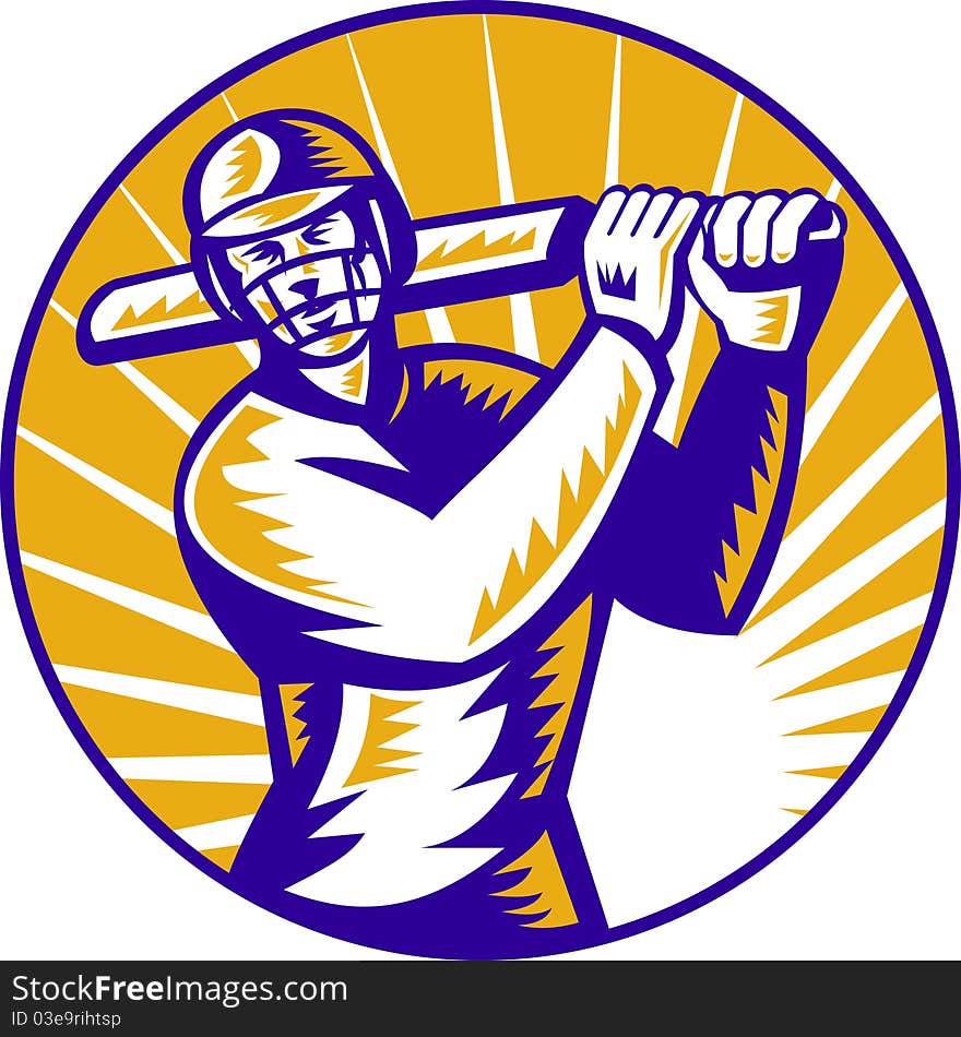 Illustration of a cricket batsman batting front view done in retro woodcut style set inside circle