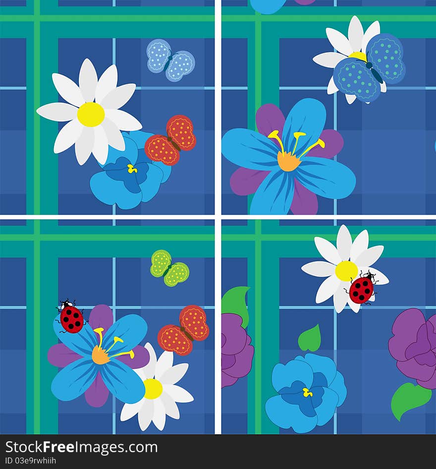 Check fabric Seamless pattern  with flowers, butterflies and ladybird for your design