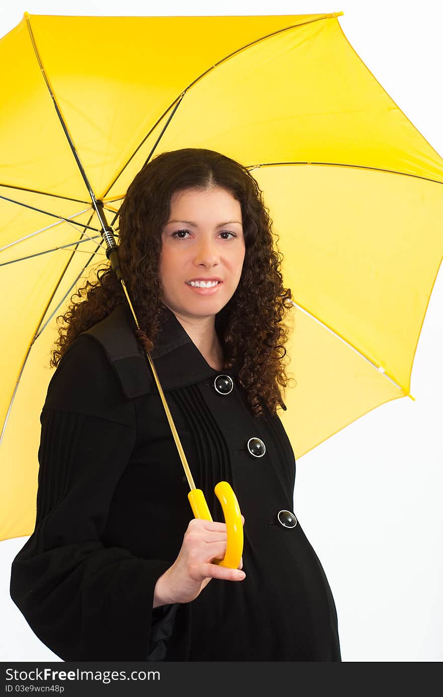 Portrait of a woman with an umbrella on a white background