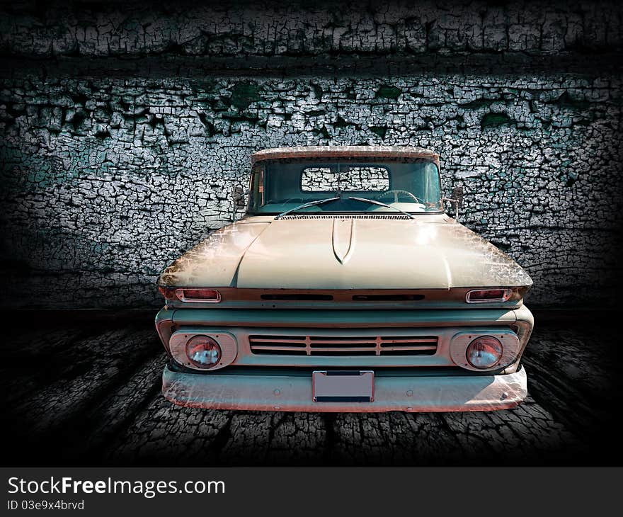 Picture of retro old car on the dark abstract background. Picture of retro old car on the dark abstract background