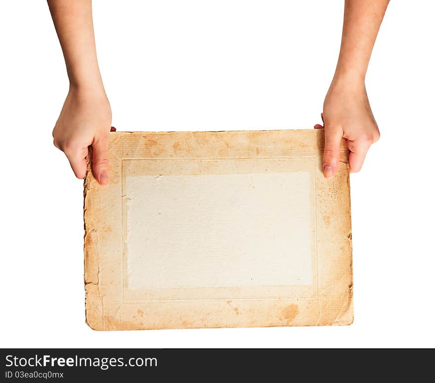 Hands with old paper on white