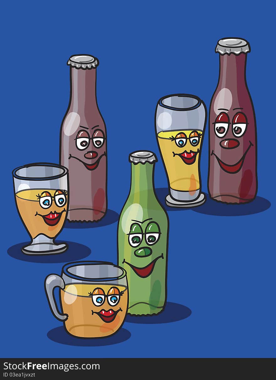 Beer bottles and glasses, abstract vector art illustration