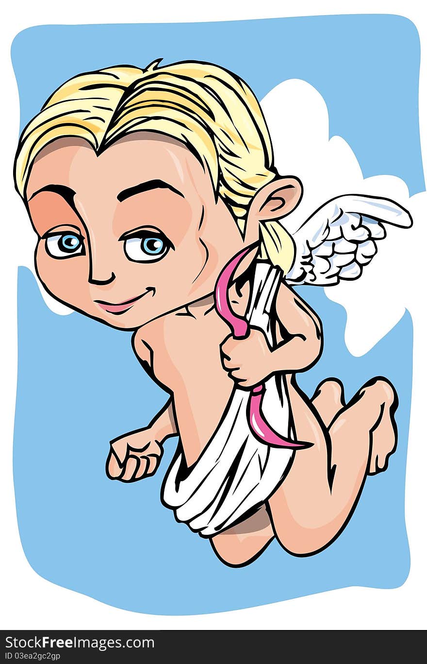 Cartoon cupid with bow and wings. Blue sky behind