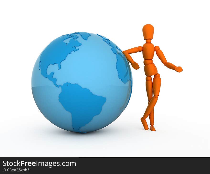 Orange mannequin and blue globe. Isolated. Orange mannequin and blue globe. Isolated.