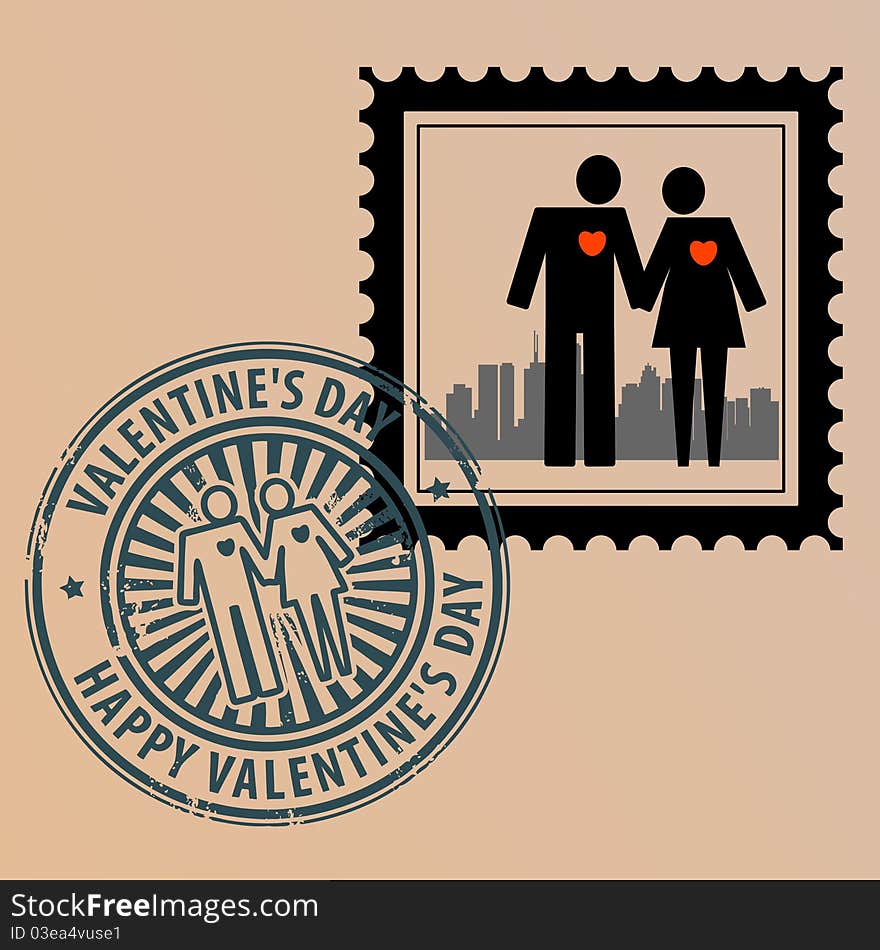 Postage stamp with couple and postmark with text Valentine Day