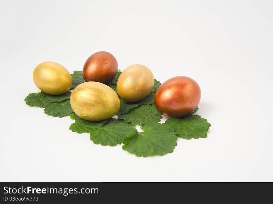 Five shiny eggs laying on green leaf. Five shiny eggs laying on green leaf