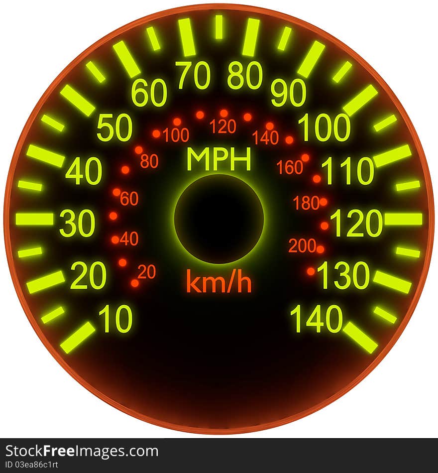 3d illustration of speedometer with bright glow. 3d illustration of speedometer with bright glow