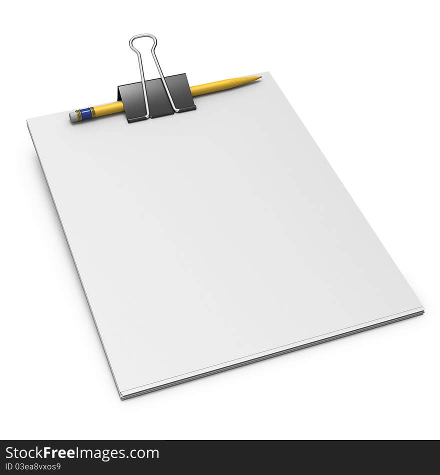 Bulldog clip with white paper and yellow pen on white background. Bulldog clip with white paper and yellow pen on white background