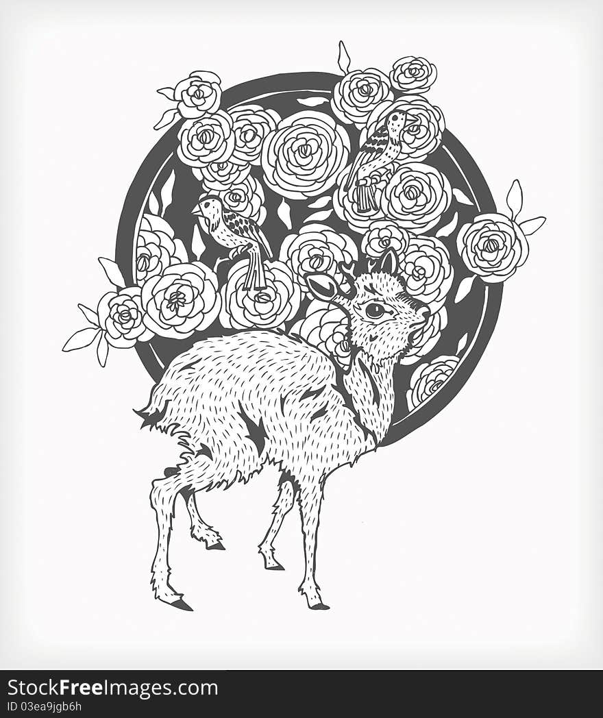 Young deer standing against flowers on background,  illustration. Young deer standing against flowers on background,  illustration