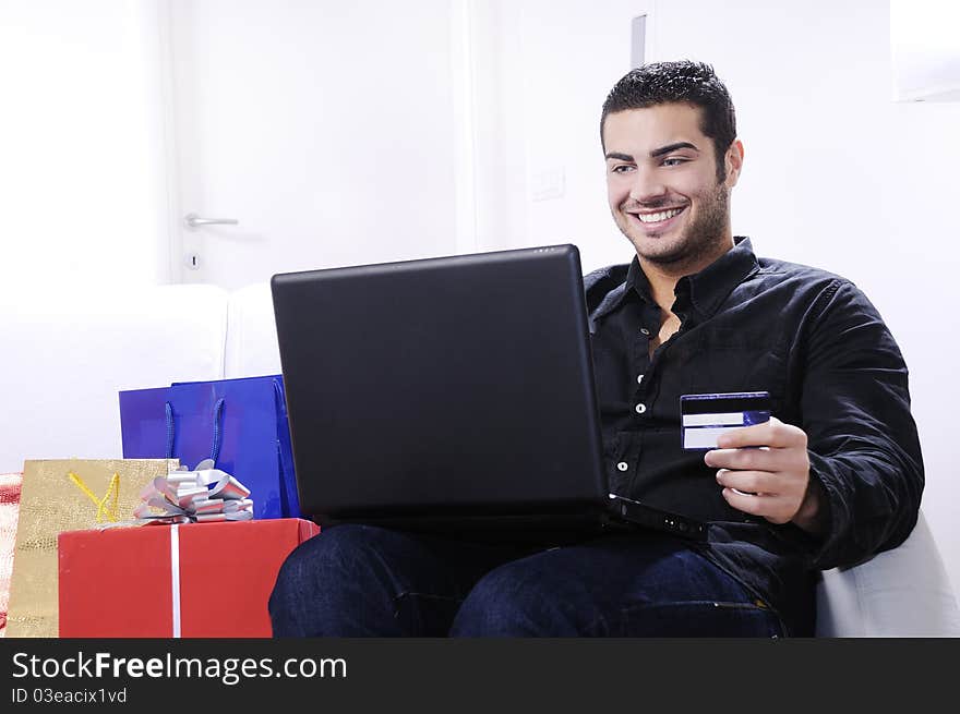 Young man in shopping on-line