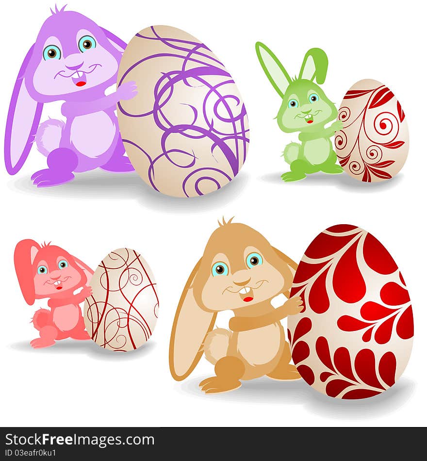 Set of easter bunnies and eggs