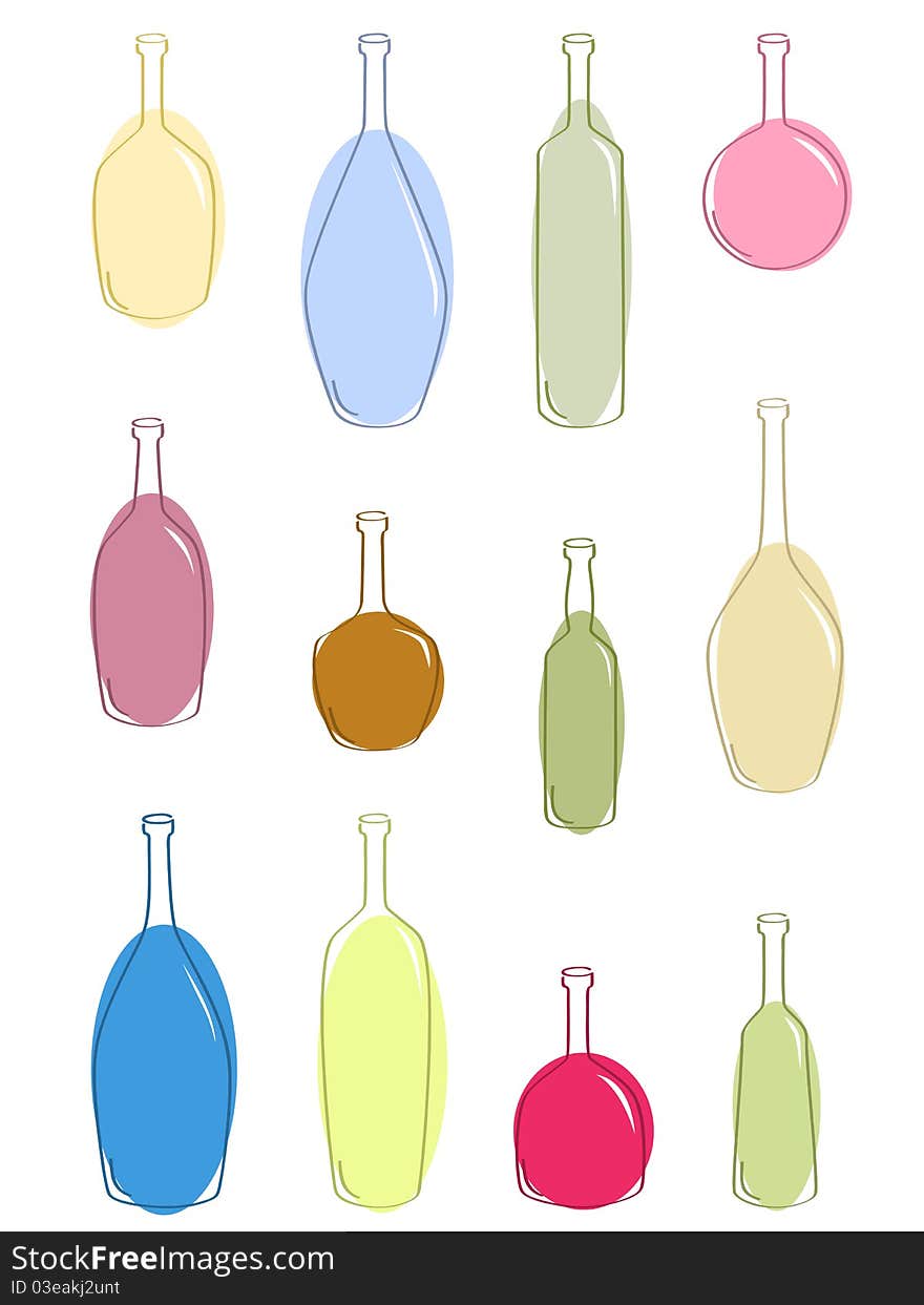 Vector set of multicolored bottles for vine.