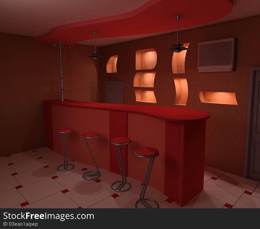 A bar is done in red tones.  bar and niches with illuminating from beneath. A bar is done in red tones.  bar and niches with illuminating from beneath.