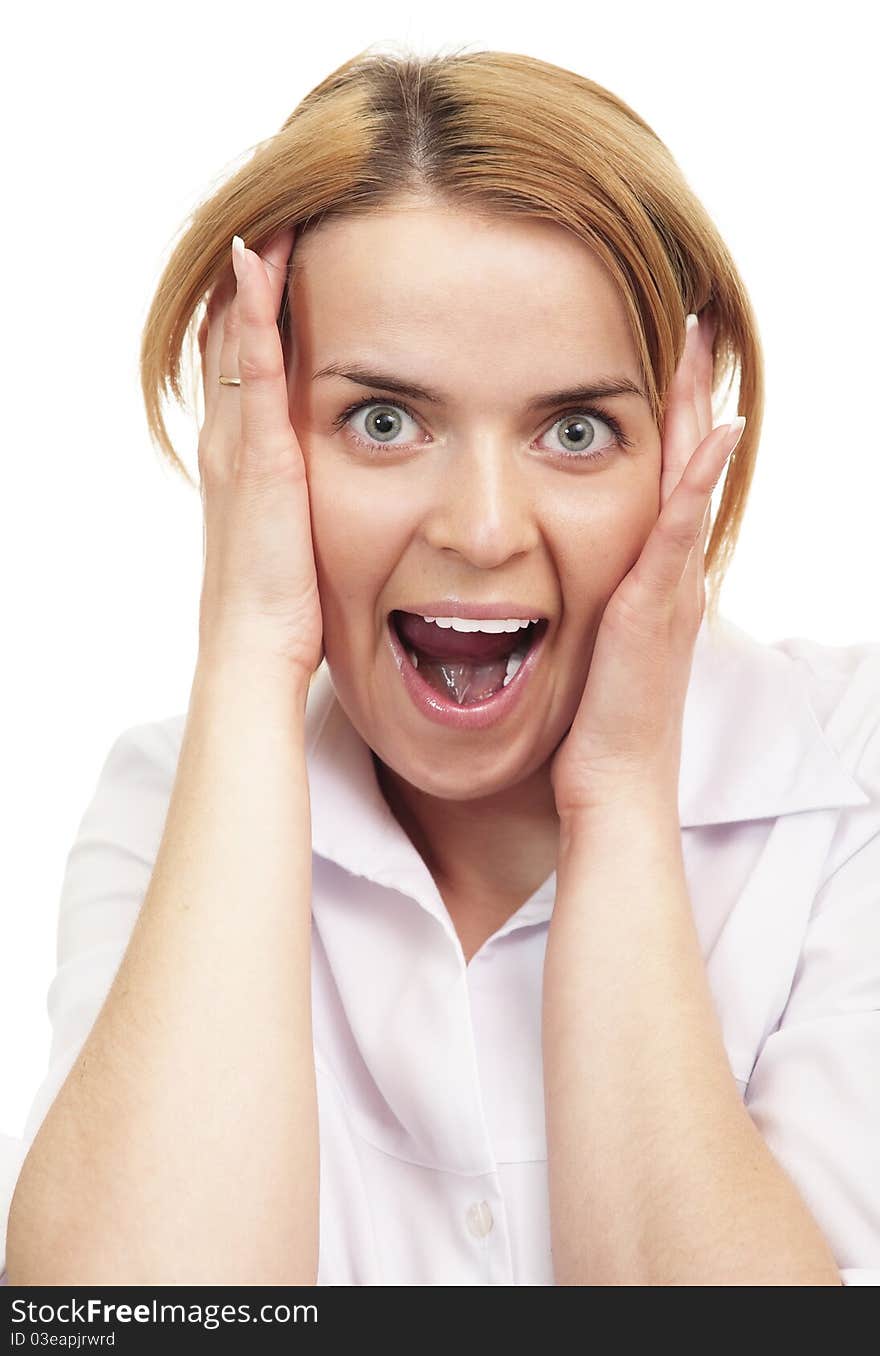 Young woman surprised open mouth and screaming