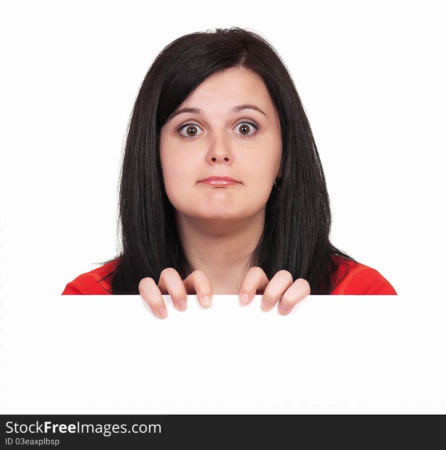 Portrait of a beautiful young woman with blank billboard on white background