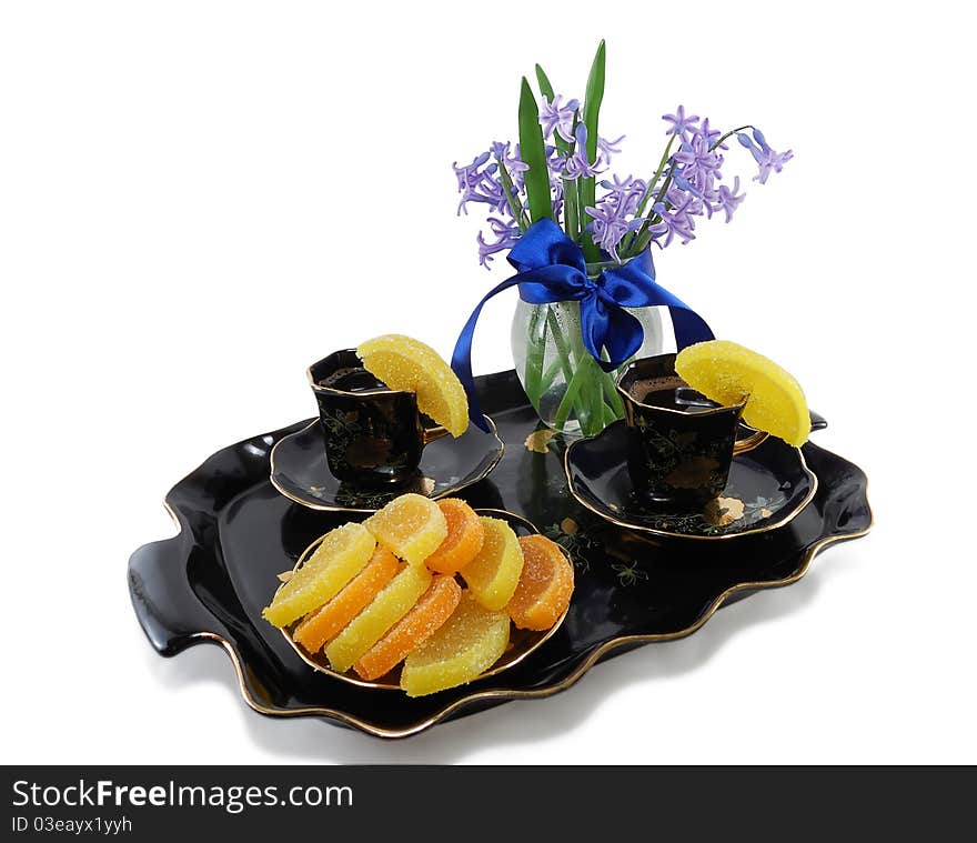 Morning coffee on a tray isolated on white background