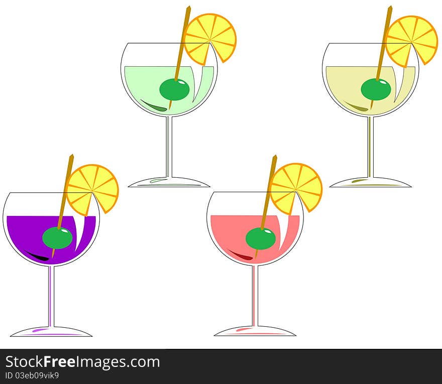 Four cocktails with a lemon and olive