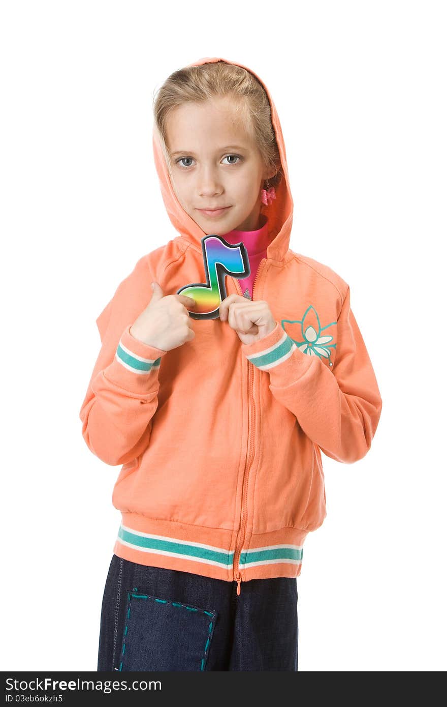 Young beautiful girl holding rainbow note sign. Young beautiful girl holding rainbow note sign