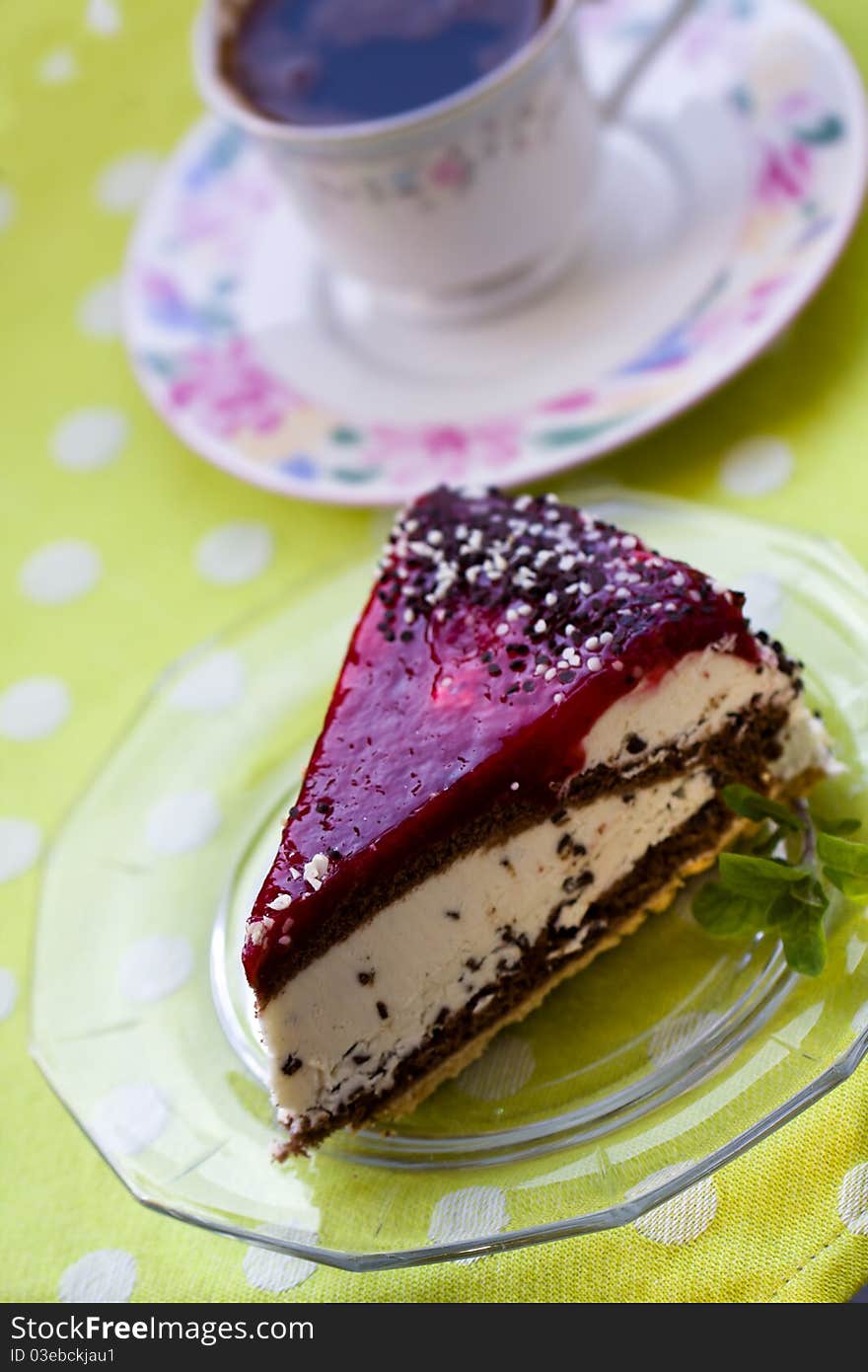 Delicious Cherry Cream Tart with Coffee.