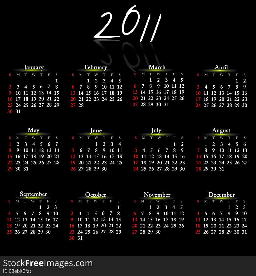 Simple calendar of 2011 on black. Simple calendar of 2011 on black.