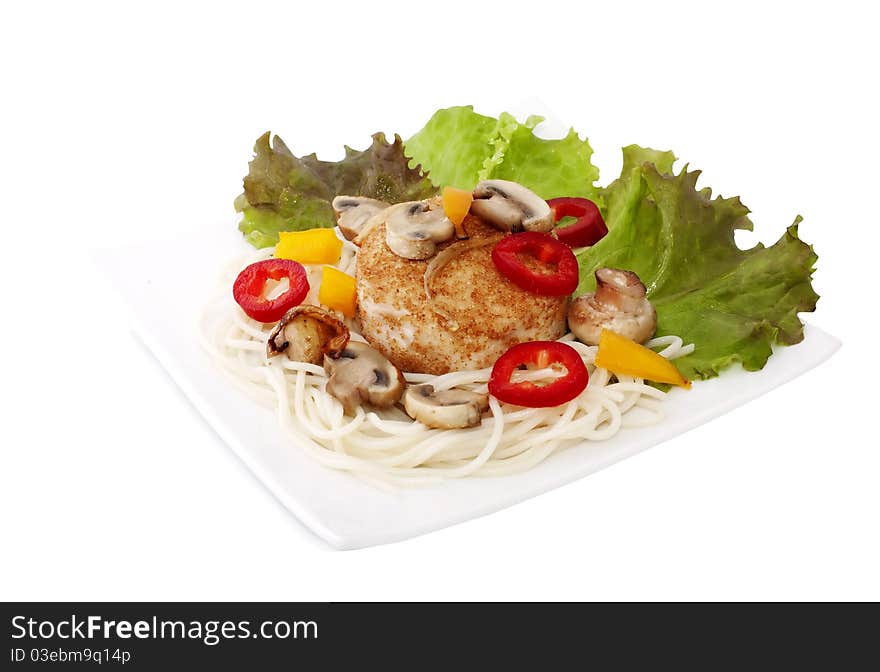 Meat chop with vegetables and pasta