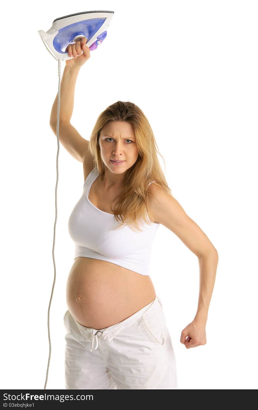 Angry pregnant woman brandishing an iron