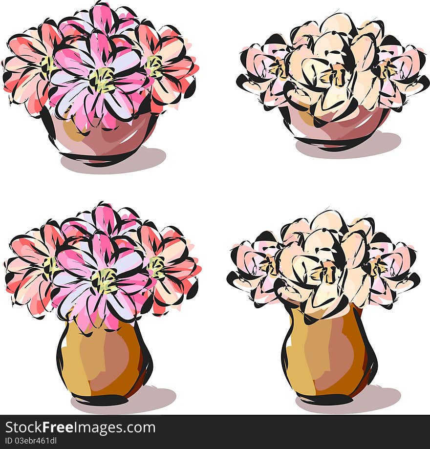 Flowers in a clay pot on white background