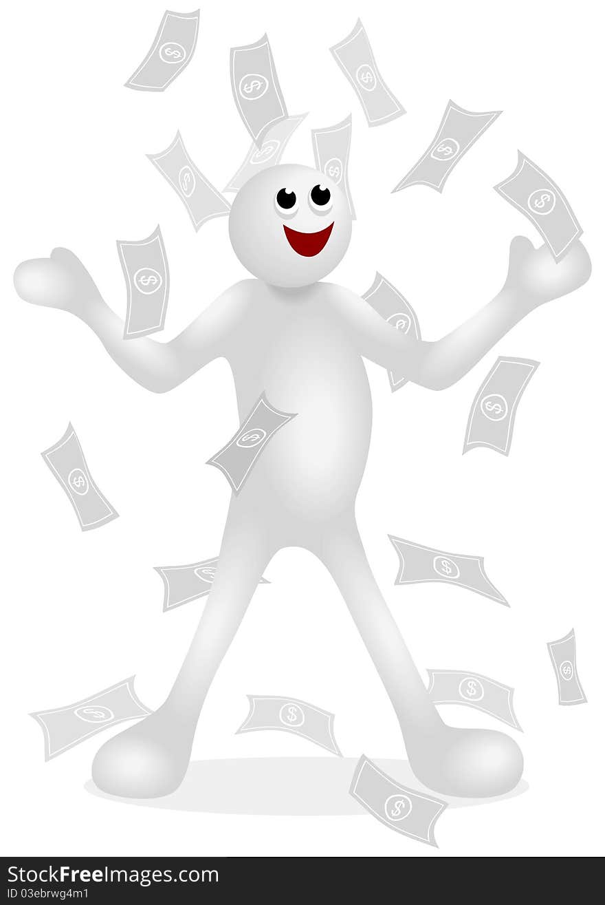 Iconic white figure excited with money raining