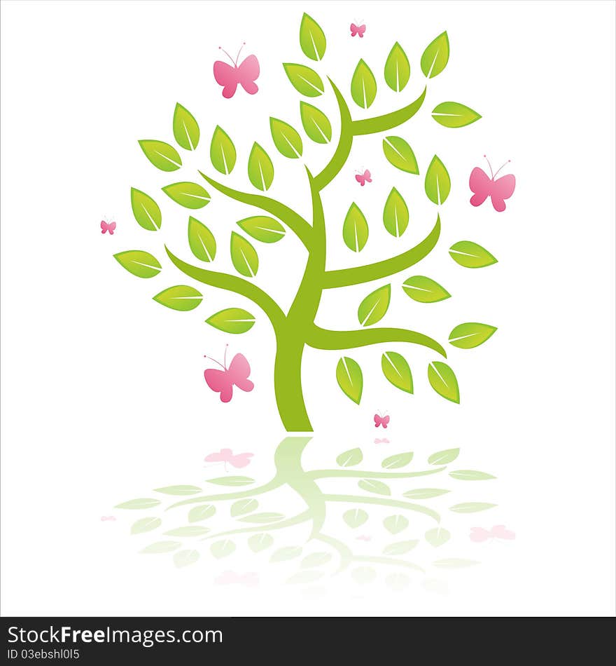 Green tree with pink butterflies