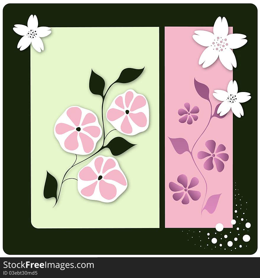 Floral postcard with pink and white flowers on a green background